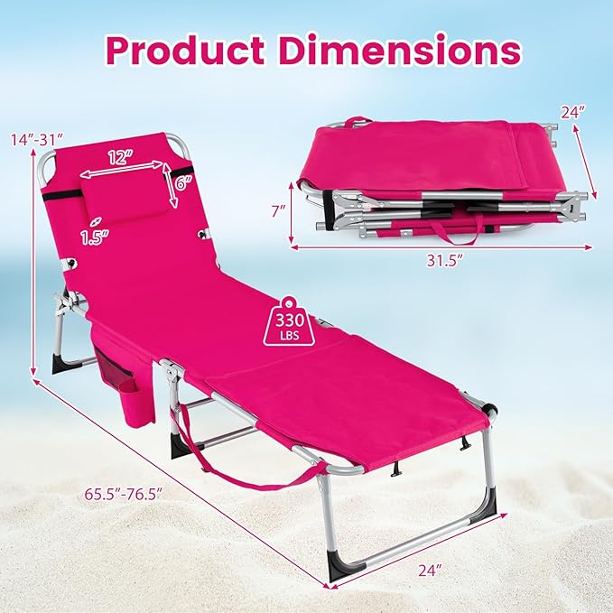 COSTWAY Tanning Chair with Face Hole, Folding Sun Bathing Lounge Chair with Armrest, Side Pocket & Protective Flap - Photo 3