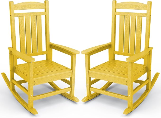 KINGYES Outdoor Rocking Chair Set of 2, HDPE Patio Rocking Chairs with 330lbs Support for Adults, Yellow