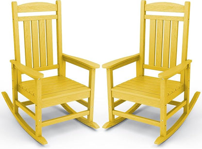 KINGYES Outdoor Rocking Chair Set of 2, HDPE Patio Rocking Chairs with 330lbs Support for Adults, Yellow