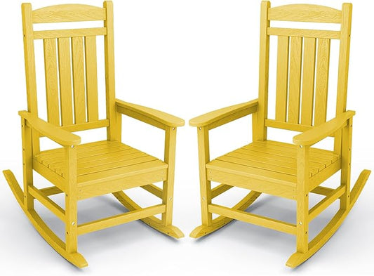KINGYES Outdoor Rocking Chair Set of 2, HDPE Patio Rocking Chairs with 330lbs Support for Adults, Yellow