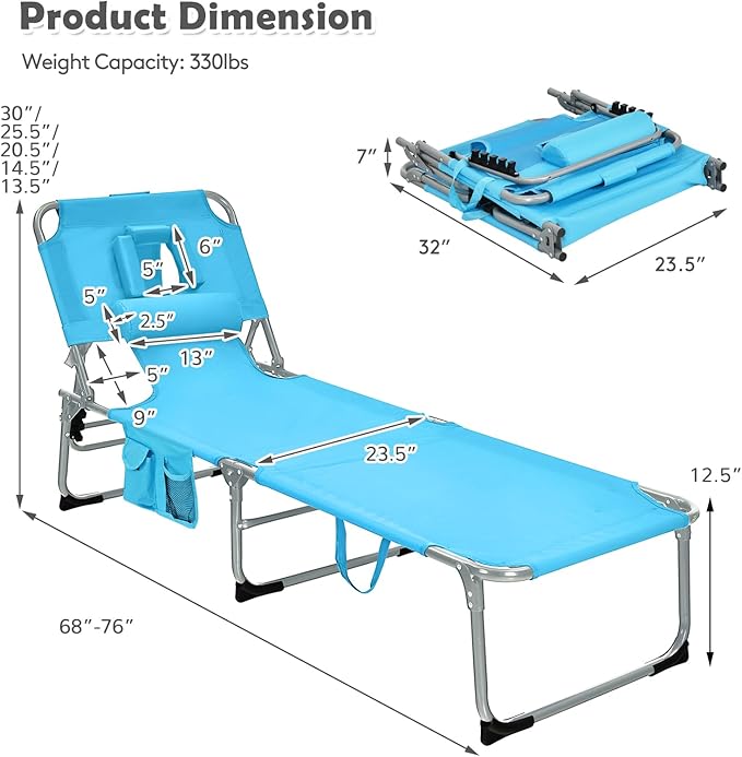 Tangkula Tanning Chair with Face Hole, Patio Folding Adjustable Reclining Beach Sunbathing Lounge Chair with Side Pocket, Portable Face Down Chaise Lounge for Outdoor Backyard Poolside (2)