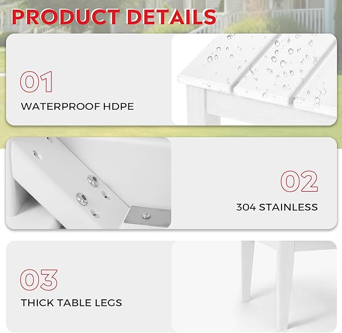 Costaelm Adirondack Outdoor Coffee Table, HDPE Outdoor Drink Table Weather Resistant, Patio Table Porch Table Accent Table Balcony End Table for Pool, Seaside, Backyard, White
