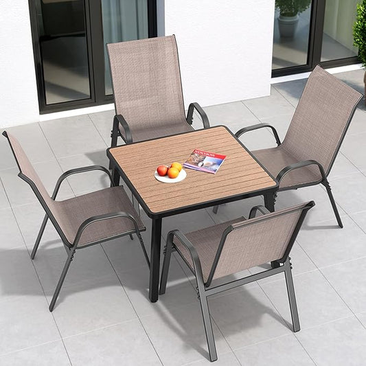 Patio Chairs Set of 4, Easily Set Up Stackable Outdoor Dining Chairs with High Back and Wide Seat, All Weather Breathable Outdoor Chairs Set of 4 with Metal Frame for Backyard Deck Pool, Brown