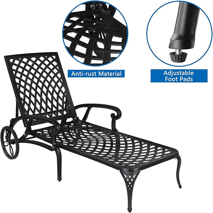 Cast Aluminum Outdoor Chaise Lounge Chair with Wheels, Patio Chaise Lounge with 3-Position Adjustable Backrest - Photo 4