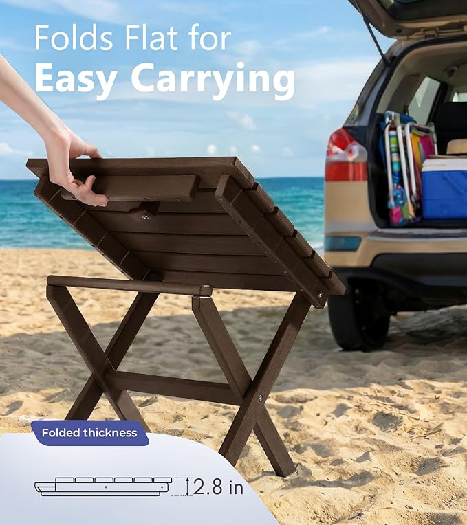 PASAMIC Folding Outdoor Side Table, Small Outdoor Table, Portable, No Assembly, Weather-Resistant HDPE End Table for Camping, RV, Poolside, Garden (Brown)