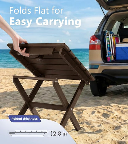 PASAMIC Folding Outdoor Side Table, Small Outdoor Table, Portable, No Assembly, Weather-Resistant HDPE End Table for Camping, RV, Poolside, Garden (Brown)