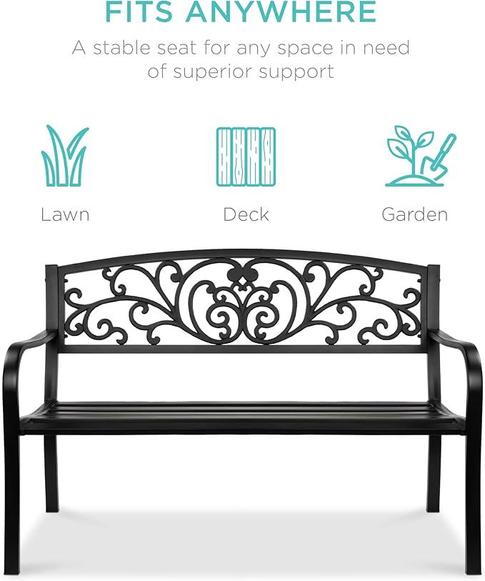 Best Choice Products Outdoor Bench Steel Garden Patio Porch Furniture for Lawn, Park, Deck w/Floral Design Backrest - Photo 3