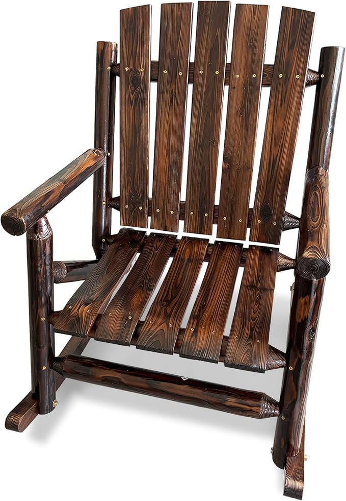 Rustic Log Wooden Rocking Chair, Handcrafted Solid Fir Wood Outdoor Rocker for Porch, Patio, Heavy-Duty 700 LBS, Weather-Resistant Finish, Natural Charm (Deep Brown)