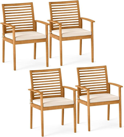 Tangkula Acacia Wood Patio Dining Chairs Set of 4, Outdoor Armchairs with Removable Padded Cushion, Slatted Backrest, 400 LBS Weight Capacity, Outside Dining Furniture for Deck, Garden, Poolside, Yard