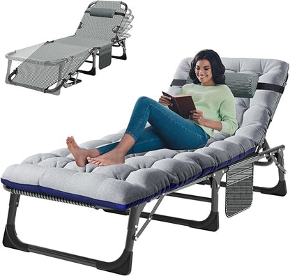 ABORON 3-in-1 Folding Patio Lounge Chair, 440LB Heavy-Duty Tri-Fold Guest Bed with Plush Cotton Cushion, No Assembly Adjustable Recliner for Office Nap, Patio Sunbathing, Poolside & Camping