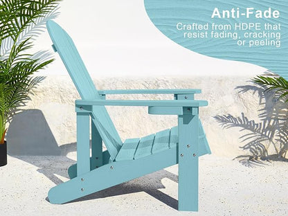 Y&M Adirondack Chair Set of 2, Light Blue Fire Pit Chairs, Outdoor Patio Chairs with Cup Holder, Weather Resistant HDPE Wooden Textured Patio Chairs, Perfect for Garden, Lawn, Deck, or Poolside