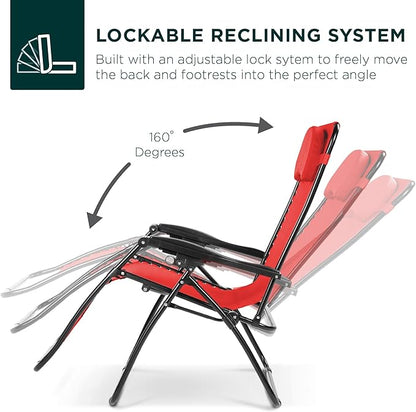 Best Choice Products Oversized Zero Gravity Chair, Folding Outdoor Patio Lounge Recliner w/Cup Holder Accessory Tray, Pillow - Crimson Red
