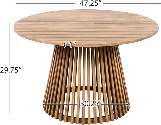 GDFStudio 47.25" Outdoor Round Dining Table,Weather-Resistant Acacia Wood Patio Center Table for Backyard, Lawn, Garden, Balcony, Courtyard, Easy Assembly Rustic Slatted Base Tables, 29.75 Light Teak
