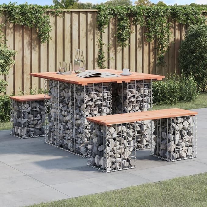 Garden Bench Outdoor Douglas Fir Wood 4-Piece Set with Galvanized Steel Frame and Rustic Design for Patio Seating