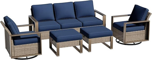 5 Pieces Metal Wicker Patio Furniture Set with 75" Sofa, Two Swivel Chairs and Two Ottomans, All Weather Rattan Outdoor Conversation Furniture with Washable Cushions for Porch, Dark Blue