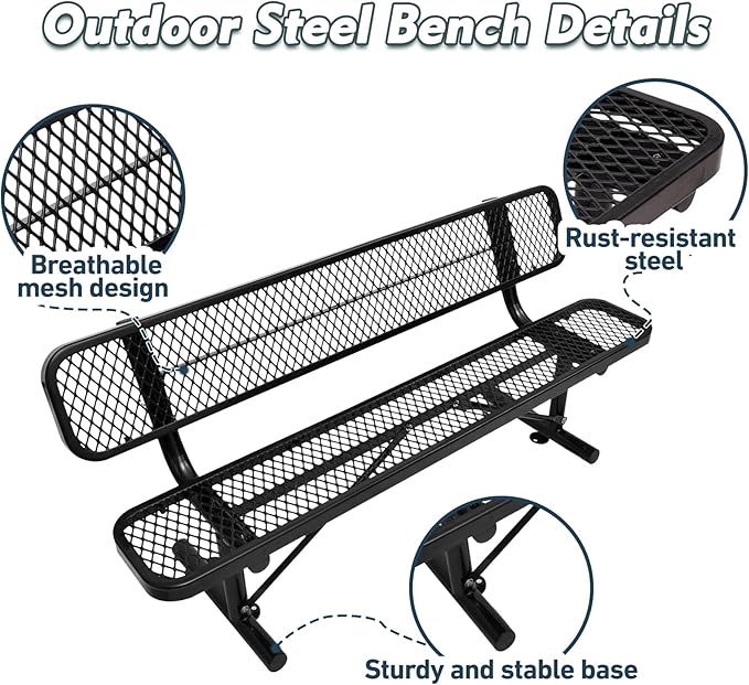 6Ft Heavy Duty Park Bench with Back Portable Frame, Outdoor Steel Bench with Backrest, Expanded Metal Mesh Bench for Lawn, Park, Deck, Garden, Patio, Porch, Black