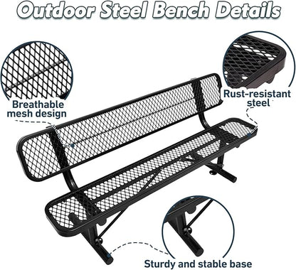 6Ft Heavy Duty Park Bench with Back Portable Frame, Outdoor Steel Bench with Backrest, Expanded Metal Mesh Bench for Lawn, Park, Deck, Garden, Patio, Porch, Black