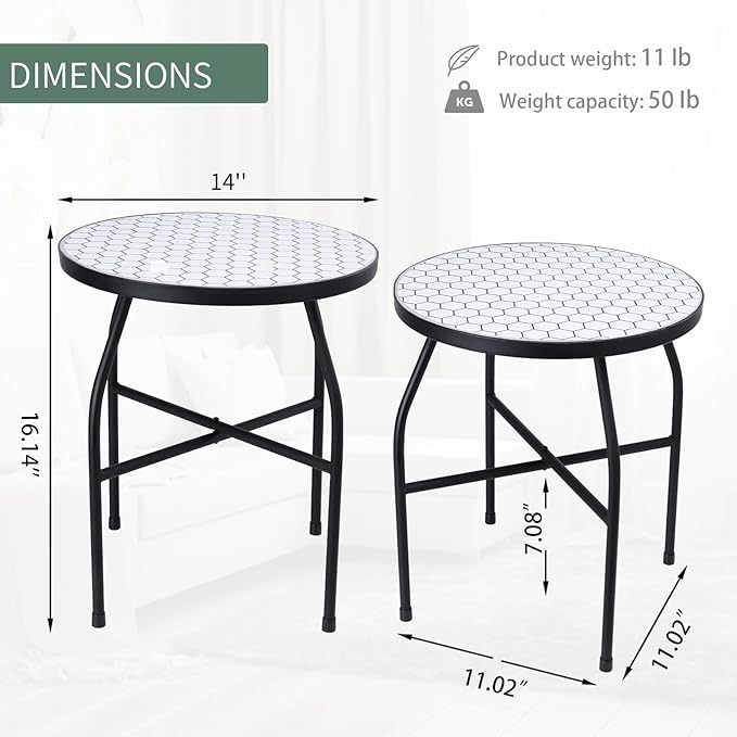 VCUTEKA Mosaic Outdoor Side Table - Small Patio Table Coffee Outside Accent Tables Round End Plant Tables for Bistro Balcony Porch Outdoor Benches 14'' White