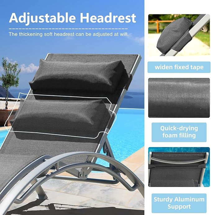 Domi Pool Lounge Chairs Set of 2, Aluminum Adjustable Outdoor Chaise Lounge, All Weather Poolside Chairs for Deck Lawn Poolside, Textilene (Dark Grey)
