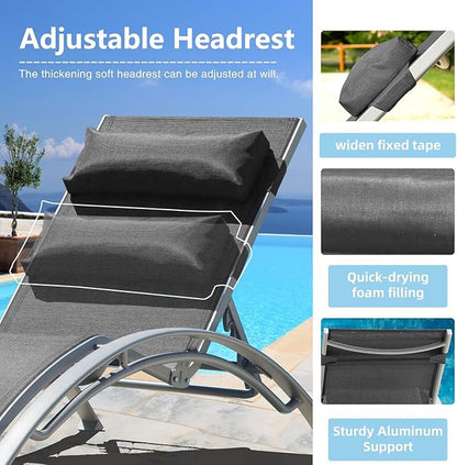 Domi Pool Lounge Chairs Set of 2, Aluminum Adjustable Outdoor Chaise Lounge, All Weather Poolside Chairs for Deck Lawn Poolside, Textilene (Dark Grey)