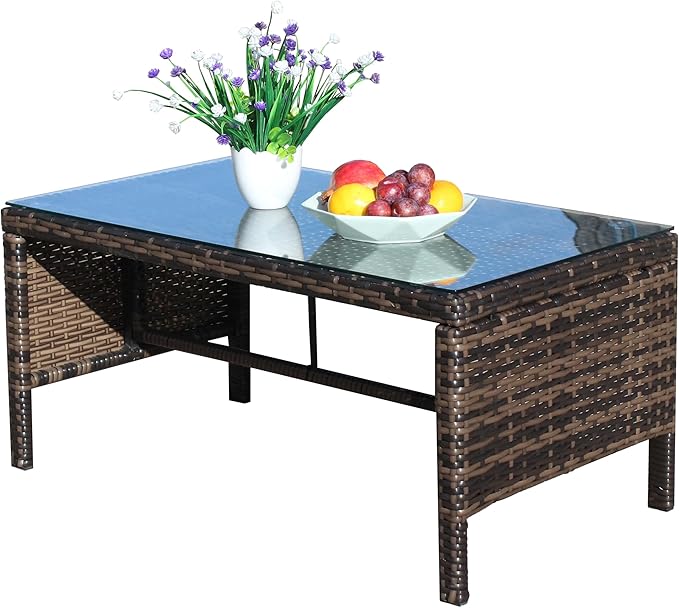 Rattan Wicker Side Table Glass Coffee Table for Outdoor Backyard Lawn Balcony Pool RectangleTempered Glass Top Wicker Rattan End Table Furniture with Storage (Brown3)