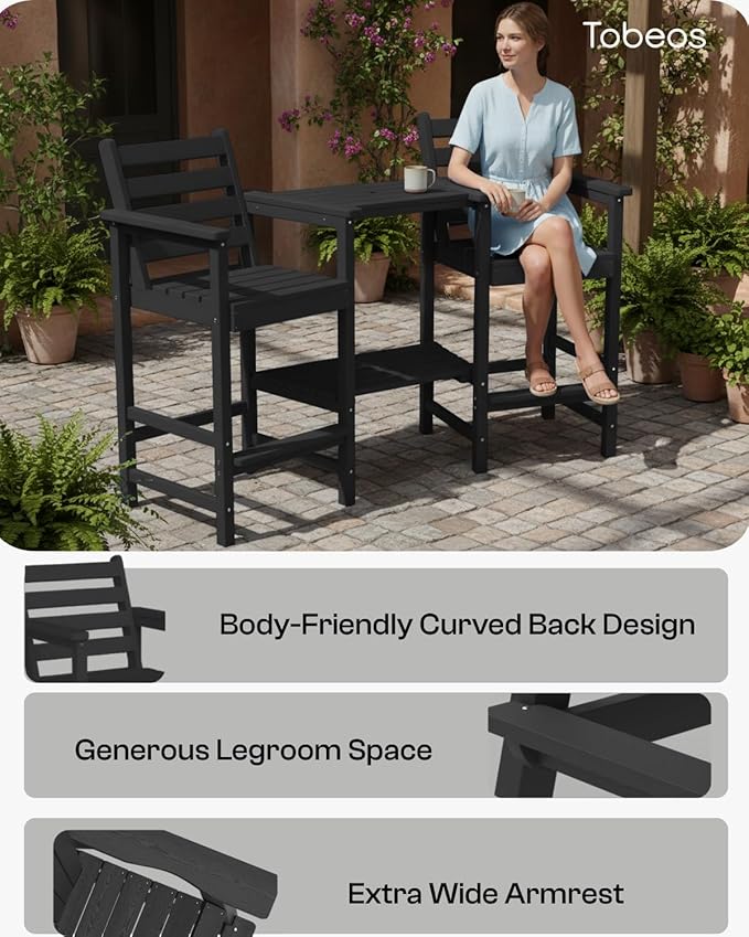 Tall Adirondack Chairs Set of 2, Bar Height HDPE Outdoor Chairs with Connecting Tray & Umbrella Hole, Balcony Patio Adirondack Chairs for Deck, Garden, Lawn,Black
