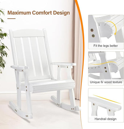 VINGLI Outdoor Rocking Chair, Heavy Duty 600 LBS Wooden Rocking Bench with Comfortable Backrest, Weatherproof Patio Rocker with Ergonomic Design, Wood Rocking Chair for Patio, Garden (White, 1PC)