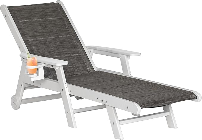 Outdoor Chaise Lounge Chair with Textilene Surface, 5-Position Adjustable Patio Lounge Chair with Wheels & Cup Holder, HDPE Pool Lounge Chair for Outside, Poolside & Beach (Grey-Brown, 1)