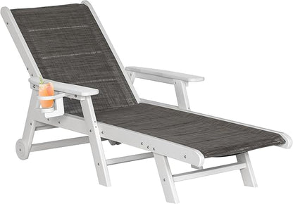 Outdoor Chaise Lounge Chair with Textilene Surface, 5-Position Adjustable Patio Lounge Chair with Wheels & Cup Holder, HDPE Pool Lounge Chair for Outside, Poolside & Beach (Grey-Brown, 1)
