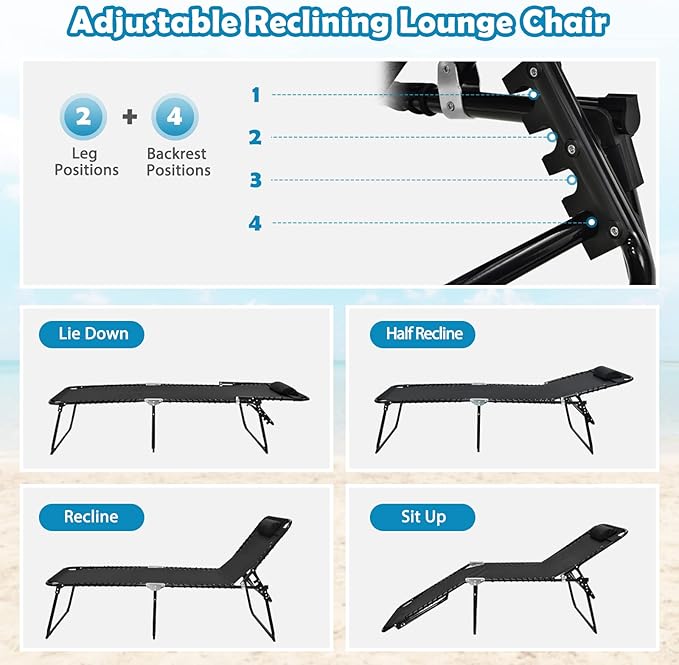 Tangkula Widen Folding Chaise Lounge Chair Set of 2, Portable Camping Recline Chair w/4 Backrest Positions - Photo 5
