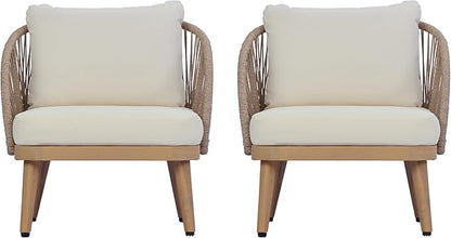 Christopher Knight Home Lydia Set of 2 Boho Patio Furniture Acacia Wood Club Chairs, Outdoor Lounge Chairs, Modern Tub Accent Chairs/Arm Chairs with Rope Woven and Removable Cushions, Natural+Beige