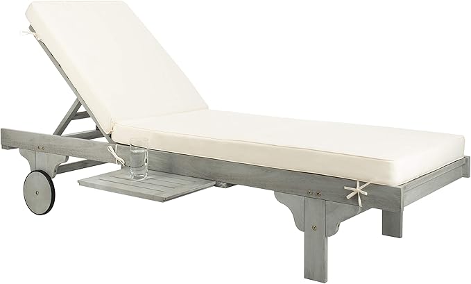 SAFAVIEH Outdoor Collection Newport Grey / Beige Cushion Built-in Side Table Adjustable Chaise Lounge Chair - Photo 3