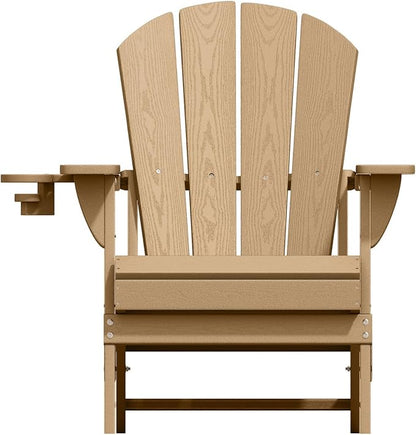 Folding Adirondack Chairs with Cup Holders, Set of 6 HDPE Plastic Outdoor Chairs, Weather Resistant, Real Wood Look, Heavy-Duty Patio Furniture for Deck, Fire Pit, Backyard, Brown