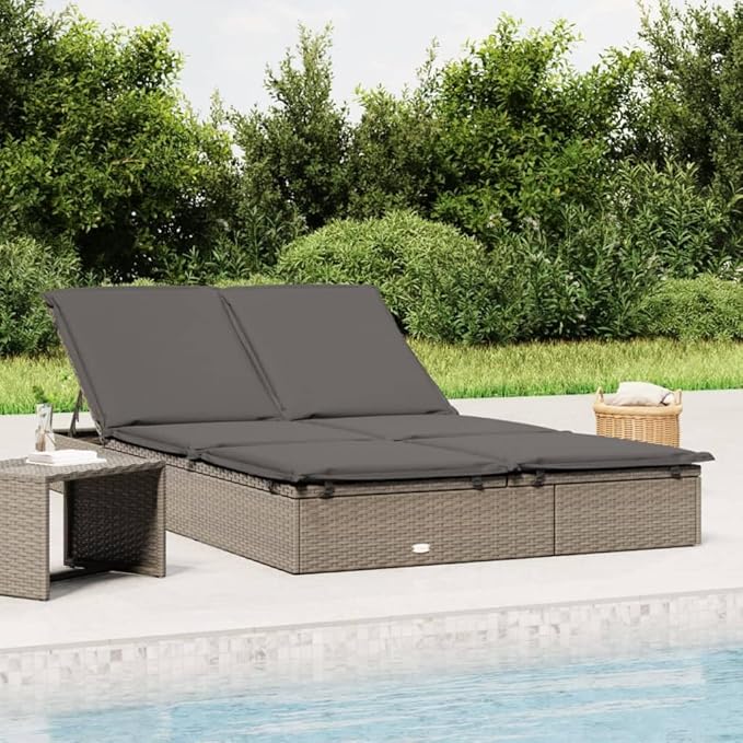 2-Person Grey PE Rattan Chaise Lounge, 79"x43" Steel Frame Poolside Sunbed, Adjustable Backrest, Removable Cushions - Photo 2