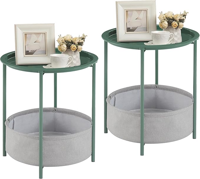 VECELO Round Side/End Table with Fabric Storage Basket，Metal Anti-Rust and Waterproof Small Bedside Nightstand with - Photo 1