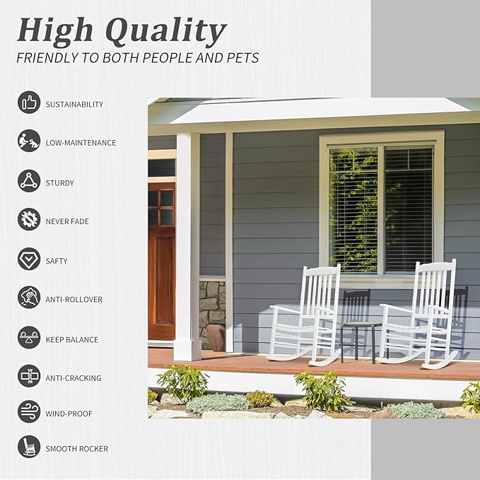 Outvita Outdoor Rocking Chair, Solid Wood High Back Rocker, All Weather Lounge Chair for Porch Patio Fire Pit Garden Backyard Deck Indoor, Wave Shape, White