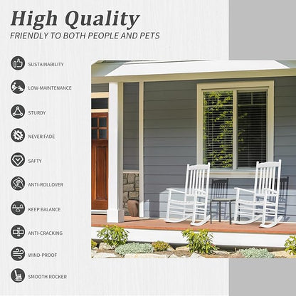 Outvita Outdoor Rocking Chair, Solid Wood High Back Rocker, All Weather Lounge Chair for Porch Patio Fire Pit Garden Backyard Deck Indoor, Wave Shape, White