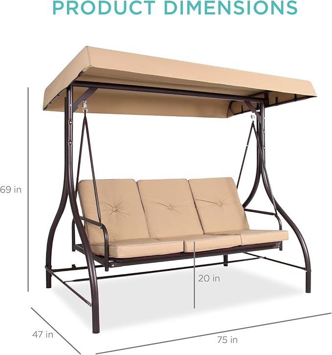 Best Choice Products 3-Seat Outdoor Large Converting Canopy Swing Glider, Patio Hammock Lounge Chair for Porch - Photo 7