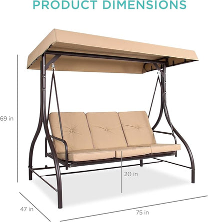 Best Choice Products 3-Seat Outdoor Large Converting Canopy Swing Glider, Patio Hammock Lounge Chair for Porch, Backyard w/Flatbed, Adjustable Shade, Removable Cushions - Tan