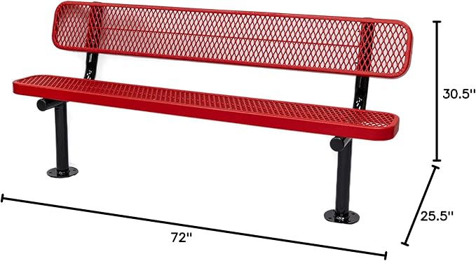 COATEDOUTDOORFURNITURE Coated Outdoor Furniture Heavy-Duty Outdoor Bench Thermoplastic Coated, Expanded Metal, Commercial-Grade Seating, Made in America (Surface with Back, 6 Ft, Textured Red)