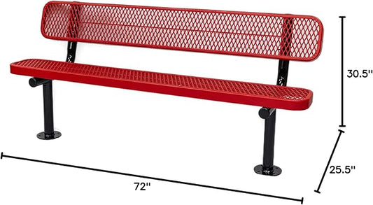 COATEDOUTDOORFURNITURE Coated Outdoor Furniture Heavy-Duty Outdoor Bench Thermoplastic Coated, Expanded Metal, Commercial-Grade Seating, Made in America (Surface with Back, 6 Ft, Textured Red)