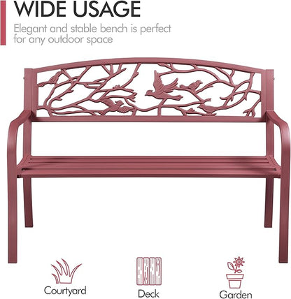 Yaheetech Outdoor Garden Bench Patio Furniture Chair Outdoor with Vintage Bird Pattern Backrest, Slatted Seat, Antique Metal Bench for Yard & Porch & Park, Red