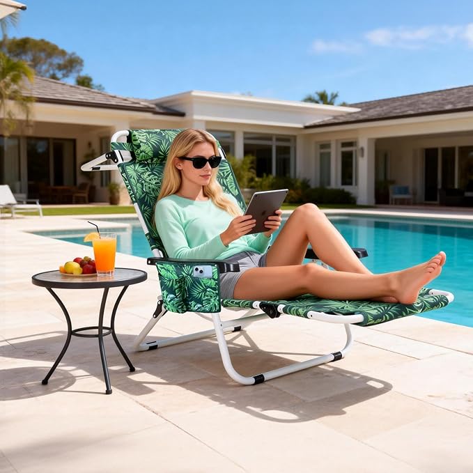 ABORON Tanning Chair with Face Hole, 5-Position Adjustable Reclining Beach Lounge Chair, Folding Face Down Sun Lounger for Beach, Poolside, Patio, Lawn, Home(Tropical Leaf)