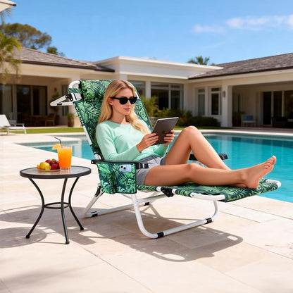 ABORON Tanning Chair with Face Hole, 5-Position Adjustable Reclining Beach Lounge Chair, Folding Face Down Sun Lounger for Beach, Poolside, Patio, Lawn, Home(Tropical Leaf)
