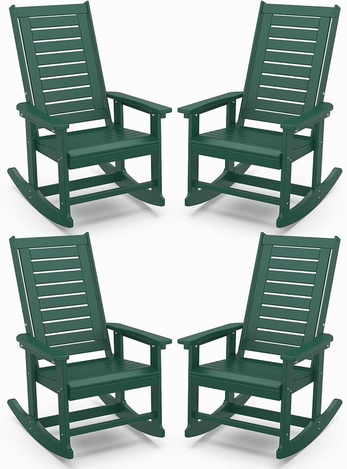 IVY&LANE Outdoor Rocking Chairs Set of 4 | Porch-Rockers | Forest | HDPE Plastic | All-Weather | High Back | Wide Seat | Oversized Patio Rocker for Adult | for Outside Deck Balcony Garden