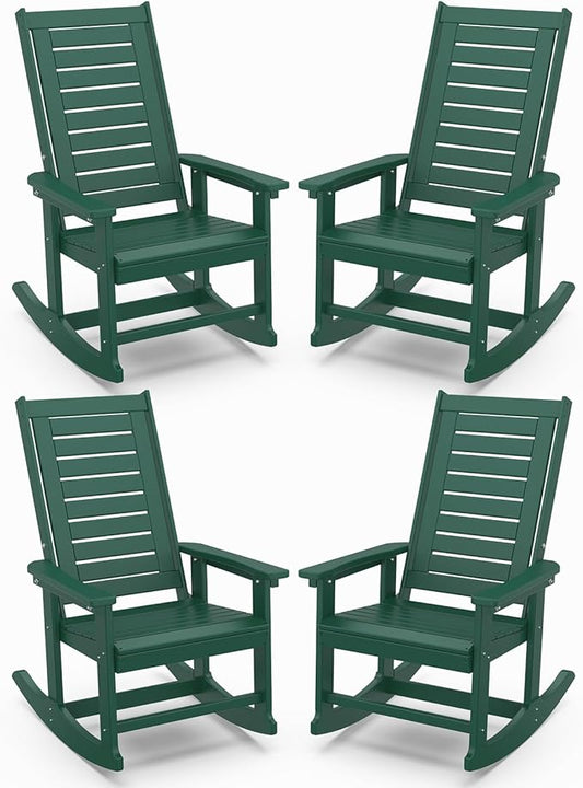 IVY&LANE Outdoor Rocking Chairs Set of 4 | Porch-Rockers | Forest | HDPE Plastic | All-Weather | High Back | Wide Seat | Oversized Patio Rocker for Adult | for Outside Deck Balcony Garden