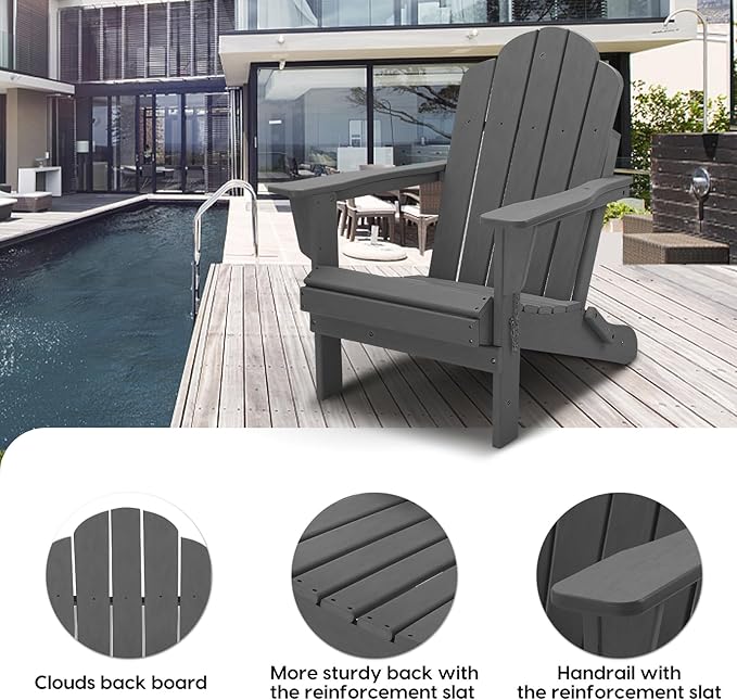 Folding Adirondack Chair, Outdoor Patio Chair Lawn Chair,Weather Resistant for Patio Deck Garden, Backyard, Bonfire& Lawn Furniture Lawn Seating（Grey）