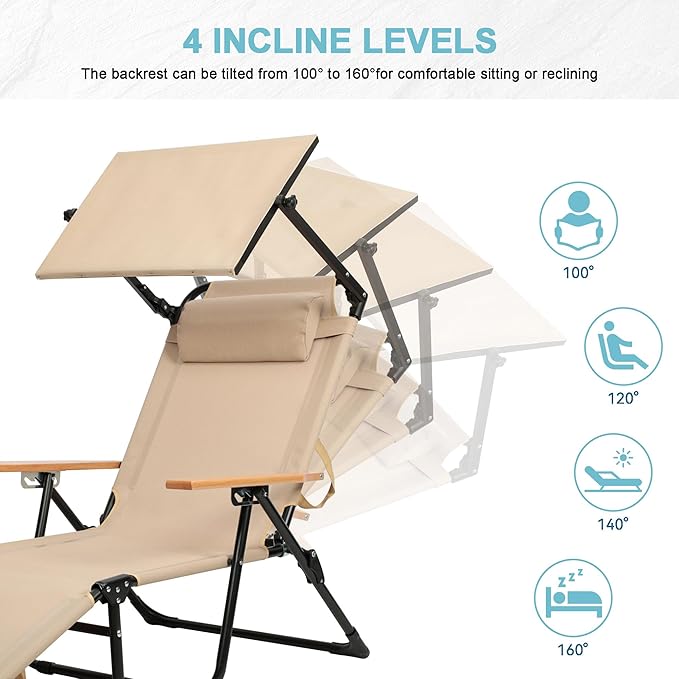 Outdoor Chaise Lounge Chair with 4-Position Adjustable Backrest,Patio Folding Sun Tanning Chair,Pillow & Cup Holder,Portable Recliner Sunbathing Lounger Chairs for Beach Garden (Beige with Shade)