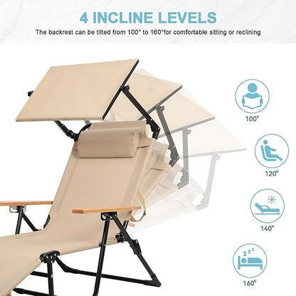 Outdoor Chaise Lounge Chair with 4-Position Adjustable Backrest,Patio Folding Sun Tanning Chair,Pillow & Cup Holder,Portable Recliner Sunbathing Lounger Chairs for Beach Garden (Beige with Shade)