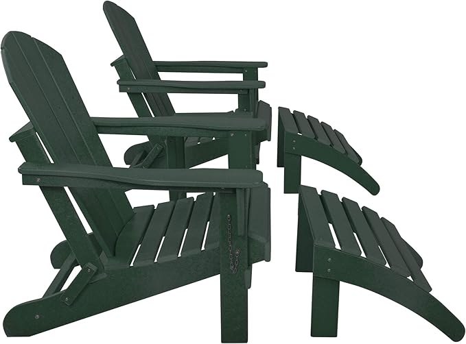 WestinTrends Malibu Outdoor Lounge Chairs Set, 5-Pieces Adirondack Chair Set of 2 with Ottoman and Side Table, All Weather Poly Lumber Patio Lawn Folding Chair for Outside, Dark Green
